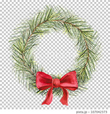 Watercolor wreath illustration with pine branch and a bright red festive ribbon. Isolated cliparts with space for text for Christmas design, New Year compositions. Realistic hand drawn botanical Watercolor wreath illustration with pine branch and a bright red festive ribbon. Isolated cliparts with space for text for Christmas design, New Year compositions. Realistic hand drawn botanical 107042373