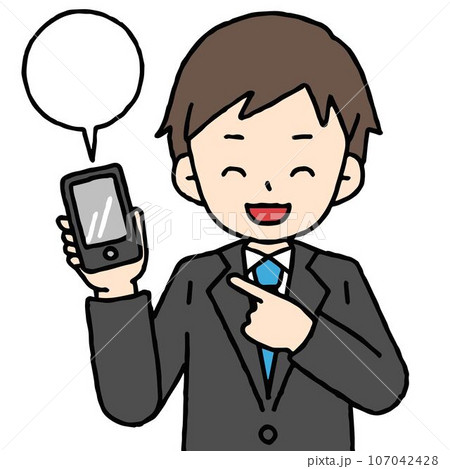 笑顔でスマホを片手に説明するスーツの男性 笑顔でスマホを片手に説明するスーツの男性 107042428