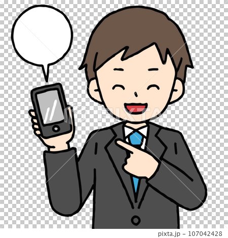 笑顔でスマホを片手に説明するスーツの男性 笑顔でスマホを片手に説明するスーツの男性 107042428