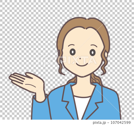A woman in a suit making a hand sign pointing to the side A woman in a suit making a hand sign pointing to the side 107042599