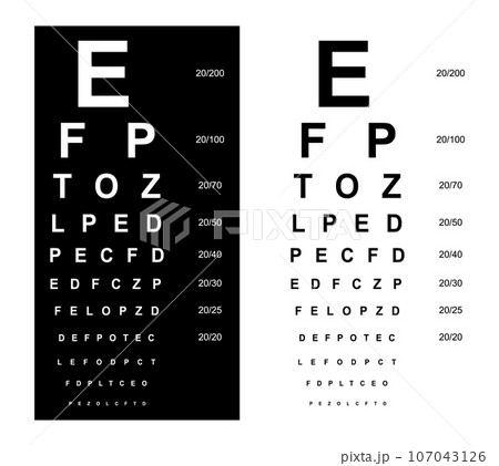 Snellen chart Eye Test medical illustration. line vector sketch style outline isolated on white and black background Snellen chart Eye Test medical illustration. line vector sketch style outline isolated on white and black background 107043126