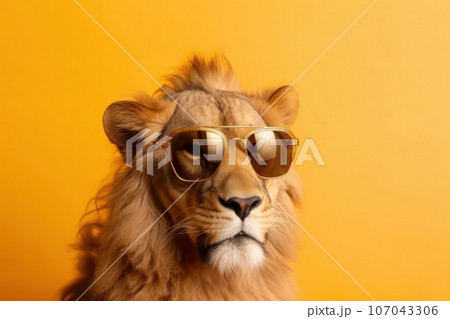 This lion is a fashion icon in the animal kingdom. With his cool shades and majestic mane, he exudes style and confidence. AI Generative. This lion is a fashion icon in the animal kingdom. With his cool shades and majestic mane, he exudes style and confidence. AI Generative. 107043306