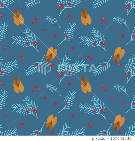 Christmas pattern with juniper branches and fir tree with berries and cones. Blue background. Christmas pattern with juniper branches and fir tree with berries and cones. Blue background. 107043330