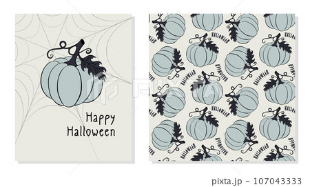Halloween set Happy Halloween poster with hand drawn pumpkin and pattern with gray pumpkins and lettering. 107043333