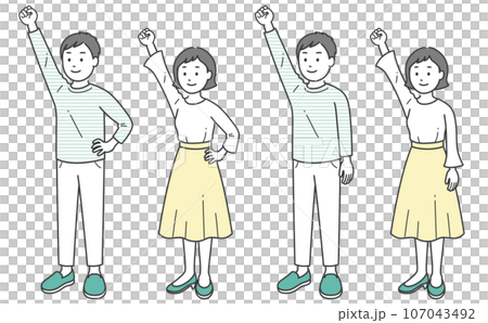 ガッツポーズをする成人男女 斜め 107043492