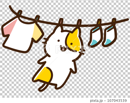 一隻可愛的貓角色掛在衣服上晾乾的變形插圖 107043539