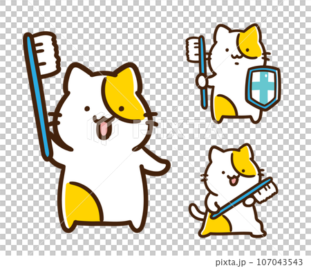Deformed illustration set of cute cat characters that protect dental health 107043543