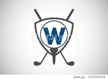 English alphabet with golf ball, golf stick and shield sign. Modern logo design for golf clubs. English alphabet with golf ball, golf stick and shield sign. Modern logo design for golf clubs. 107043936