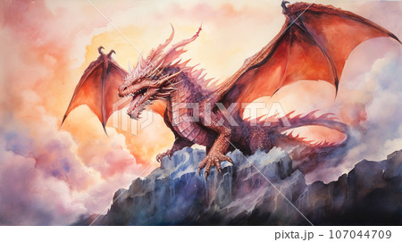 崖の上に立ち吠えるドラゴンの水彩イラスト「AI生成画像」のイラスト