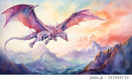 Watercolor illustration of a dragon flying in - Stock