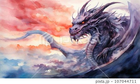 邪悪なドラゴンの水彩イラスト「AI生成画像」のイラスト素材