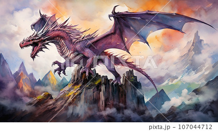 空を飛ぶドラゴンの水彩イラスト「AI生成画像」のイラスト素材