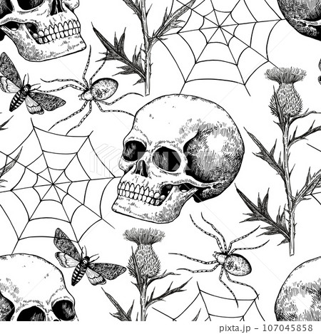 Halloween black and white seamless pattern with realistic human skull, spider web, moths and flowers. Gothic print in retro engraving style. 107045858