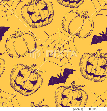 Halloween hand drawn seamless monochrome pattern in hand-drawn engraving style with pumpkins and spider web. 107045860