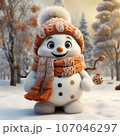 cute snowman, wearing a knitted scarf and hat 107046297