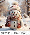 cute snowman, wearing a knitted scarf and hat 107046298
