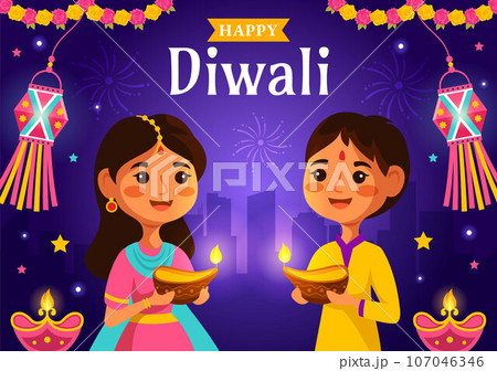 Happy Diwali Hindu Vector Illustration with Indian Rangoli and Fireworks Background for Light Festival of India in Flat Kids Cartoon Design Happy Diwali Hindu Vector Illustration with Indian Rangoli and Fireworks Background for Light Festival of India in Flat Kids Cartoon Design 107046346