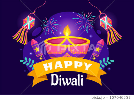 Happy Diwali Hindu Vector Illustration with Indian Rangoli and Fireworks Background for Light Festival of India in Flat Kids Cartoon Design 107046355