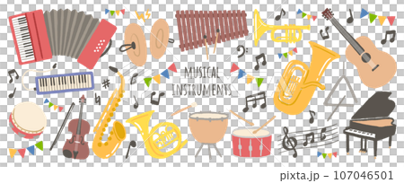 Design materials that can be used for concert posters, etc. using illustrations of musical instruments 107046501
