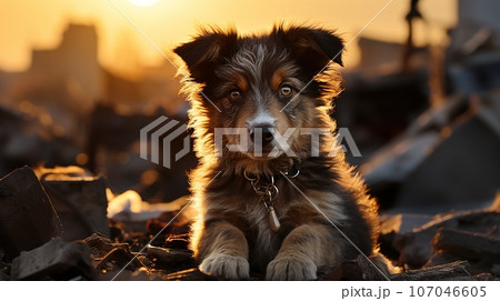 Stray Puppy on a Damaged Street in Afternoon Light - A Powerful Image for Animal Rights Advocacy, Ai generative Stray Puppy on a Damaged Street in Afternoon Light - A Powerful Image for Animal Rights Advocacy, Ai generative 107046605