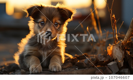 Stray Puppy on a Damaged Street in Afternoon Light - A Powerful Image for Animal Rights Advocacy, Ai generative Stray Puppy on a Damaged Street in Afternoon Light - A Powerful Image for Animal Rights Advocacy, Ai generative 107046607