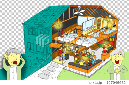 Before and after image illustration of a vacant old folk house renovated into a lodging facility 107046682