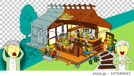 A before and after illustration of a vacant old house renovated into a community cafe where many generations gather 107046683