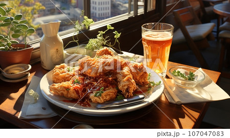 Experience a Delightful Chi-Maek - Crispy Korean Fried Chicken and Refreshing Beer Pairing - in a Cozy Korean Restaurant, Ai generative 107047083