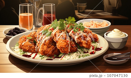 Experience a Delightful Chi-Maek - Crispy Korean Fried Chicken and Refreshing Beer Pairing - in a Cozy Korean Restaurant, Ai generative 107047130