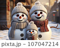 cute family snowman, wearing a knitted scarf and hat 107047214