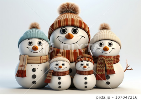 cute family snowman, wearing a knitted scarf and hat cute family snowman, wearing a knitted scarf and hat 107047216