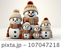 cute family snowman, wearing a knitted scarf and hat 107047218
