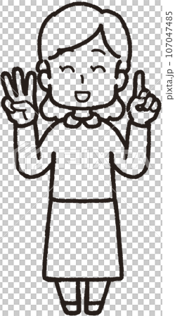 Full-body line drawing illustration of a smiling woman making 31 hand signs with one finger on her left hand and three fingers on her right hand 107047485
