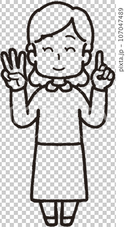 Full-body line drawing illustration of a smiling woman making 31 hand signs with one finger on her left hand and three fingers on her right hand 107047489