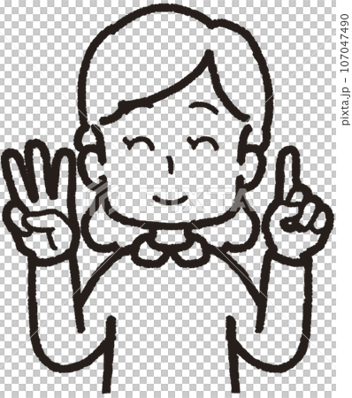Upper body line drawing illustration of a smiling woman doing 31 hand signs with one finger on her left hand and three fingers on her right hand 107047490