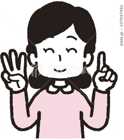 左手は1本指、右手は3本指の31のハンドサインをして笑う女性の上半身イラスト 107047492