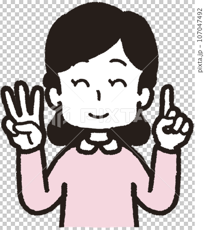 左手は1本指、右手は3本指の31のハンドサインをして笑う女性の上半身イラスト 107047492