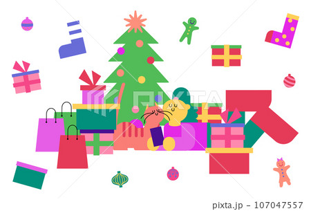 クリスマスに家でショッピングを楽しむ女性と猫 107047557