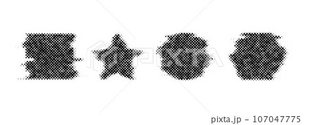 Halftone glitch geometric shapes set. Dotted star, square, circle and hexagon elements. Black noise texture objects for banner, poster, collage, flyer, booklet, brochure. Vector collection 107047775