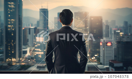 ベランダから街を眺めるスーツ姿の男性の後ろ姿「AI生成画像」 107048378