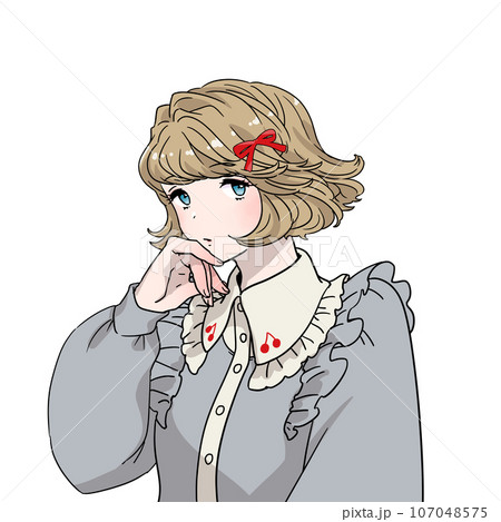 外ハネボブのガーリッシュな女の子のイラスト　口元に手を当てている 107048575