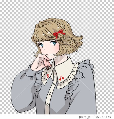 Illustration of a girlish girl wearing a bob outside, putting her hand over her mouth Illustration of a girlish girl wearing a bob outside, putting her hand over her mouth 107048575