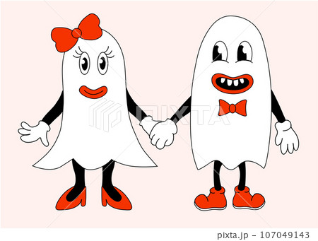 Retro 70s 60s 80s Hippie Groovy Halloween Ghosts girl and boy in love. Hold hands. Vector flat. Retro 70s 60s 80s Hippie Groovy Halloween Ghosts girl and boy in love. Hold hands. Vector flat. 107049143