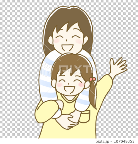 イラスト素材：笑顔の親子　娘を抱きしめるママ（黄色） 107049355