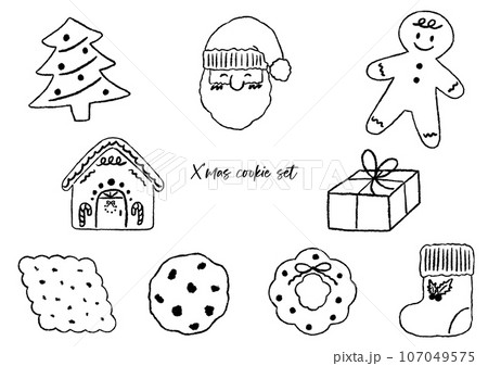 クリスマスのクッキーセット、テクスチャのある色鉛筆、手描きの線画イラスト 107049575