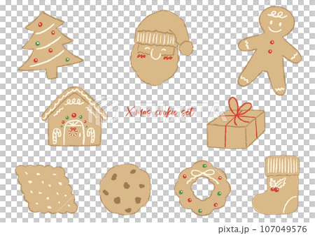 クリスマスのクッキーセット、テクスチャのある色鉛筆の手描きイラスト 107049576