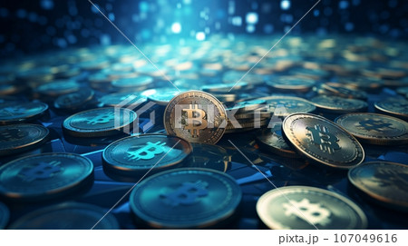 A large circle-shaped stack of coins, with a golden bitcoin in the center. Bitcoin is the most important cryptocurrency concept. Three-dimensional illustration 107049616