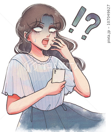 スマホを持って驚愕する、70年代風の少女漫画ヒロイン 107049627