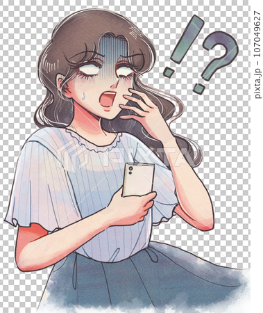 A 70s-style girl manga heroine looks shocked when she holds a smartphone. 107049627