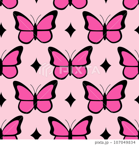 Pink emo seamless pattern with butterflies and stars. Y2k. Black and pink. Retro style of the 2000s. Pink emo seamless pattern with butterflies and stars. Y2k. Black and pink. Retro style of the 2000s. 107049834